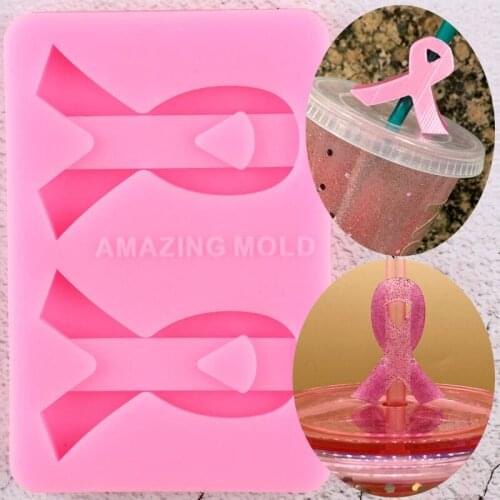 Breast Cancer Ribbon Straw Topper Silicone Mold Chocolate Candy Mould Fondant Cake Decorating Tools Keychain Epoxy Resin Molds