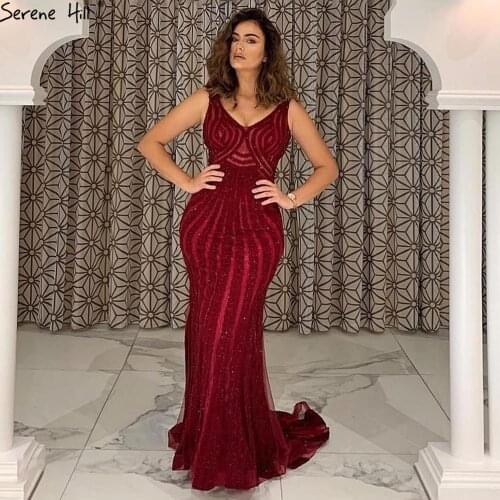 Serene Hill Dubai Burgundy Mermaid Luxury Evening Dress 2020 Full Diamond V-Neck Formal Party Wear Gwon CLA6693