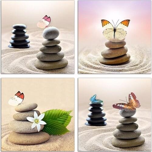 Modern 4 Piece Canvas Wall Art Zen Stone And Butterfly Still Life Modern Home Decoration Living Room Decoration Without Frame