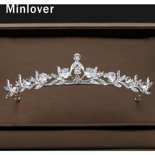 Minlover Luxury Princess Crystal Tiara Crown Cubic Zirconia Bride Hair Accessories Leaf Wedding Headband Royal Queen Diadem G243