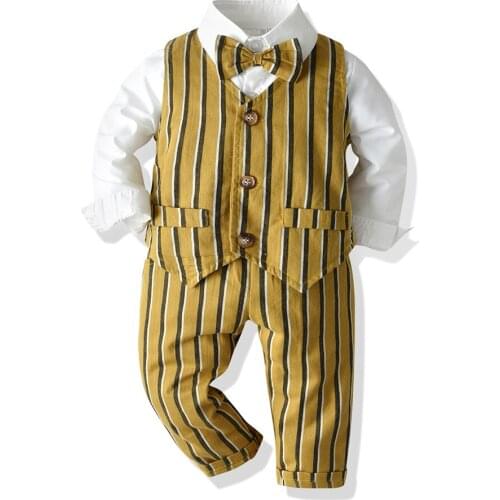 Tem Doger Kids Boy Cotton Clothes Suit Stripe Bow Tie Long Sleeve Shirt+Trousers+Vest 3Pcs Children Party Dress Costume Outfits