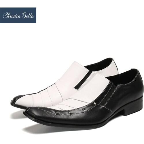 Christia Bella Fashion Black White Patchwork Party Men Shoes Male Rivets Formal Leather Shoes Big Size Business Dress Shoes