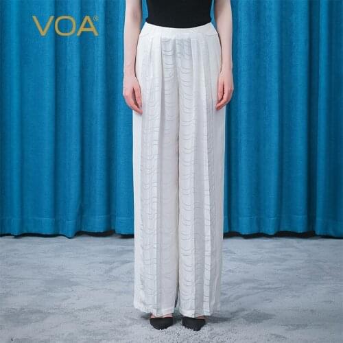 VOA Silk Jacquard Crescent White Natural Waist Pants Women KE508 Pleating Invisible Side Pull Refreshing Wide Leg Trousers