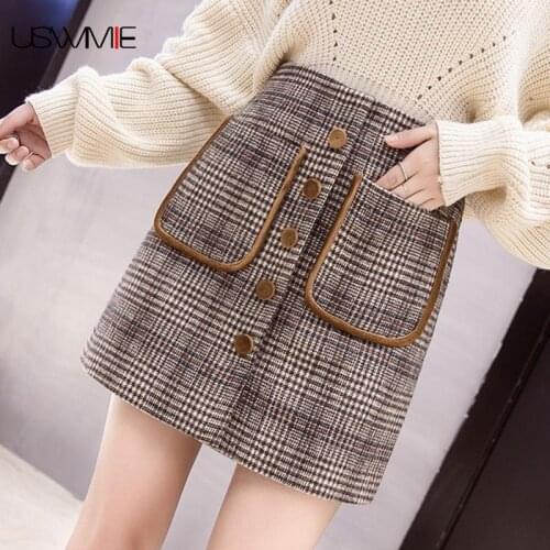 Free Shipping Winter Skirts Womens Fashion Casual Plaid Color Matching Double Pockets Breasted High Waist Woolen Skirt For Women