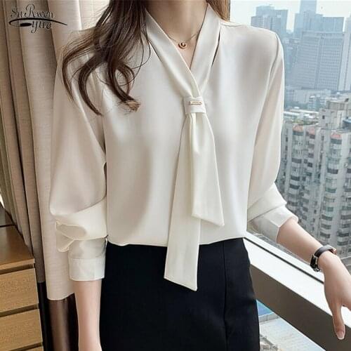 New Fashion 2021 Chiffon Women Blouse and Tops Office Long Sleeve White Women Shirts with Tie V Neck Loose Female Clothing 13022