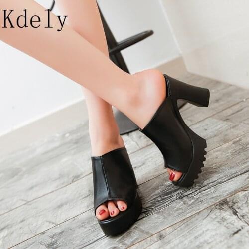 2019 Women Sexy High Heel Mules Clogs Black Peep Toe Platform Mules Ladies Leather Sole Slippers Femal Slip On Sandals Shoes