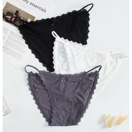 Women Sexy Solid Color Ice Silk Lace Trim Strap Breathable Thin Panty Briefs