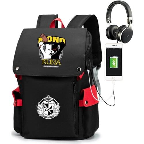 Danganronpa Monokuma Women School Backpacks USB School Bags for Teenagers Bear Boys Girls Large Capacity Travel Mochila Men Bags