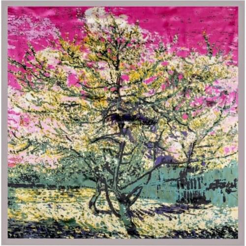 Women Silk Square Scarf 90*90cm Luxury Brand Oil Painting Tree Autumn Leaves Shawls Femme Foulard Bandanas Womens Scarves