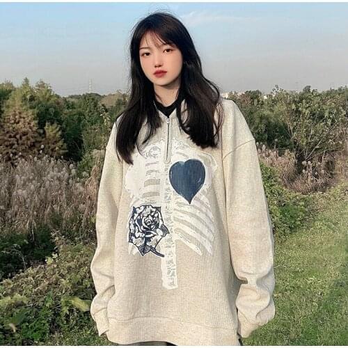 New Y2k Aesthetic Women Hip Hop Hoodies Bone Rose Love Print Zip-up Jacket Female Goth Harajuku Grunge Punk Streetwear Coat