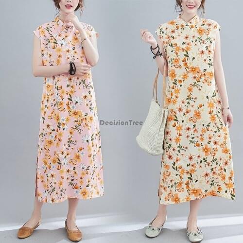2021 womens daily qipao linen cheongsam flower print moden everyday qipao dress elegant party dance costume cheongsam dress