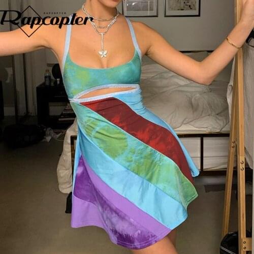 Rapcopter Printed Patched Pleated Dress Vintage Prom Evening Sundress y2k Aesthetic Mini Dress Women Cut Out Beach Short Dress