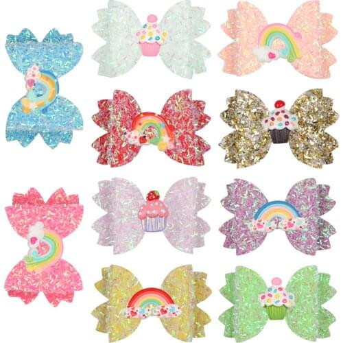 1 PC Girls Hairpins Children Barrettes Kid Hair Clips Spark Glitter Sequin 3Inch Bow Rainbow Accessories Spring Fashion Headwear