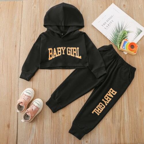 Toddler Kids Baby Girls 2Pcs Fall Outfits, Long Sleeve Letter Print Cropped Hoodie and Pants Set 18M-6T 2021 New Fashion