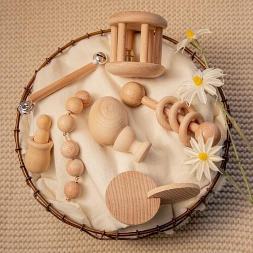 5/7Pc Baby Montessori Toy Set Wooden Teether Music Rattles Graphic Cognition Early Educational Newborn Infant Toys