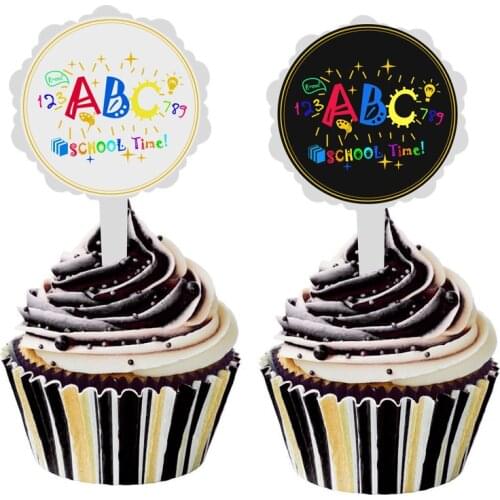 6pcs/lot DIY Cute ABC School Time Cake Stick Sticker Decor Ice-cream Cupcake Toppers Picks Back To School Party Dessert Decor