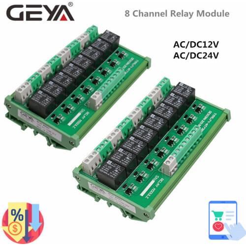 GEYA 8 Channel Interface Relay Module 12VACDC 24VACDC DIN Rail Panel Mount for Automation PLC Board