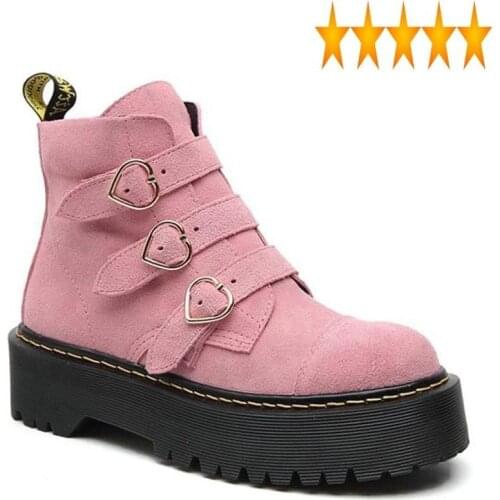 Boots High Quality Leather Platform Women England Style Buckle Strap Pink Ankle Shoes Fashion Street Winter Biker Booties Black