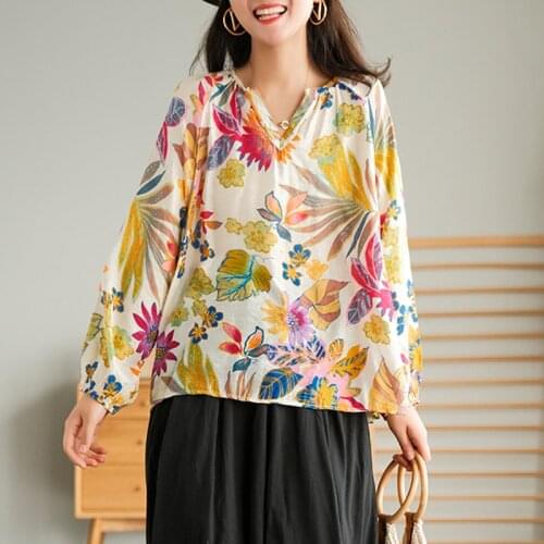 Ethnic Women Cotton Botanical Floral Print Beach Shirts V-Neck Long Sleeve Casual Loose Thin Blouses 2021 Summer Comfort Soft