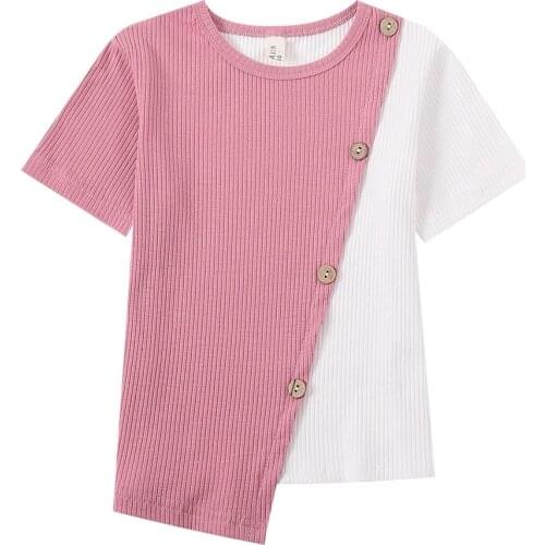 4 Colors Ribbed Cotton Top for Girls Short Sleeve Personalized Color-clashing T-shirt Summer Fashion O-neck Tees for Girls