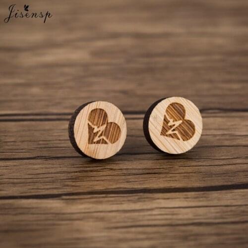 Jisensp Romantic Sweet Heart Wooden Earring Unique Round Heartbeat Stud Earrings Wood Jewelry for Women Girls Birthday Gift