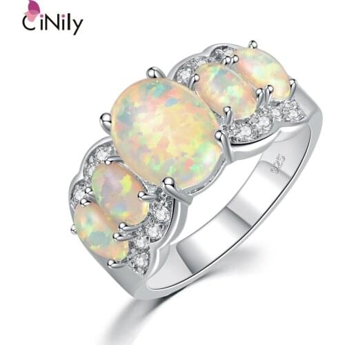 CiNily White Fire Opal Wide Finger Rings Silver Plated Large Oval Stone CZ Crystal Filled Ring Luxury Cocktail Jewelry Female