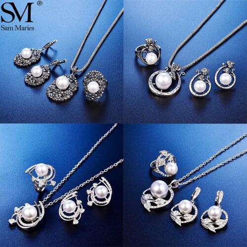 Bowknot Leaf Heart Deign Pearl Beads Rhinestone Necklace Earrings Ring Jewelry Set for Women Wedding Party Anniversary Gift