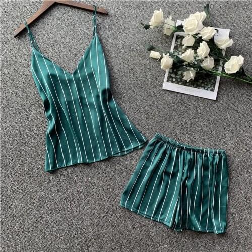 JULYS SONG 2 Piece Women Summer Pajamas Set Stain Silk Top And Shorts Striped Breathable Summer Cute Short Pants Set Home Wear