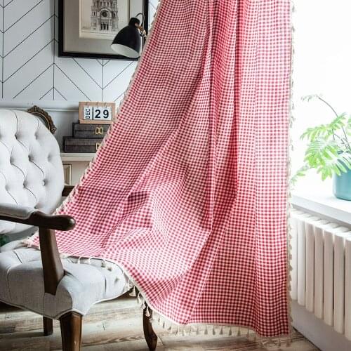 Red Plaid Curtain With Tassel For Living Room Blinds French Windows Cotton Semi Blackout Finished Curtains