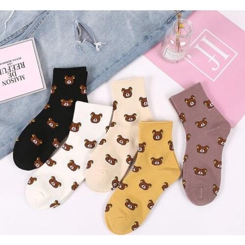 3Pairs/Pack Cartoon Casual Socks For Women Animal Bear Print Cotton Socks Lovely Breathable Students Soxs Female Soft Short Sock