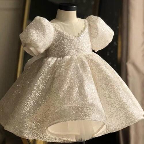 2021 New Sequins White Dress for Girl Baptismal Party Infant Dresses Birthday Evening Big Bow Princess Wedding Baby Girl Dress