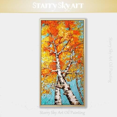 Gifted Artist Hand-painted High Quality Modern Wall Art Orange Colors Birch Tree Oil Painting on Canvas Knife Tree Oil Painting