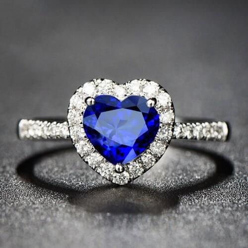 Luxury Rhinestone Silver color Rings with Royal Blue Stone Crystal Heart Shape Finger Ring for Women Jewelry Gift