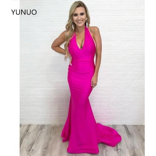 YUNUO Sexy Mermaid Sleeveless Evening Dresses Party Formal Gowns Halter Neckline Backless Prom Dress Sweep Train Vestidos