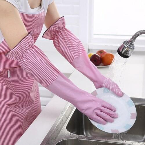 Warm household gloves with flannel and cuffs kitchen cleaning gloves washing rubber gloves dishwashing gloves kitchen gloves