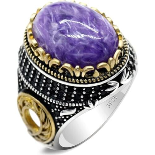 Vintage Turkish Men Ring with Natural Charoite Purple Stone Pure 925 Sterling Silver Rings for Women Male Gift with CZ Jewelry