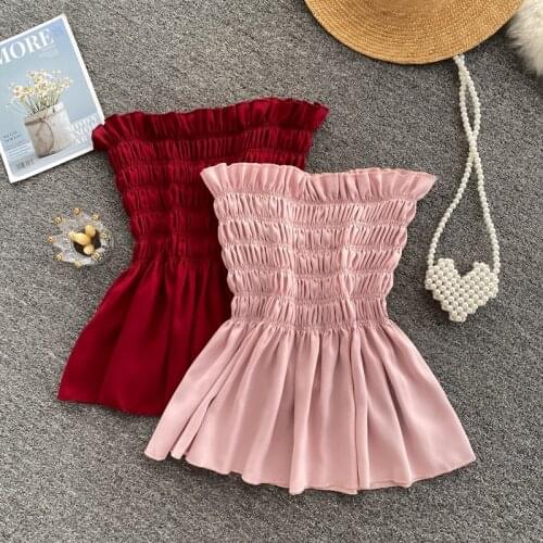 Streetwear Summer 2021 New Sweet Ruffles Tube Top Elastic Waist Ruffles Swing Short Blouse Women Strapless Sleeveless Vest Shirt