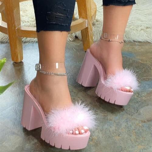 Womens Fur High Heels New Women Platform Plush Sandals Ladies Buckle Pumps Female Non Slip Footwear Woman Shoes Plus Size n09