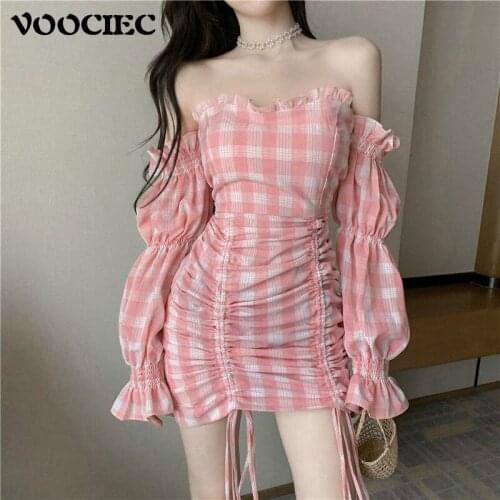 VOOCIEC Women Sweet Plaid Dress Goddess Slim One Line Collar Pink Girl Retro Dress Long Sleeve One-Step Skirt Pink Lovely Dress