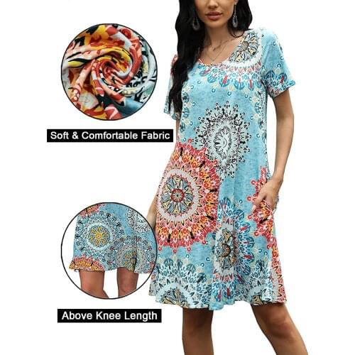 Womens Summer Casual T-Shirt Dresses Solid Color Floral Print Round Neck Short Sleeve Side Pockets Soft Fabric Swing Dresses