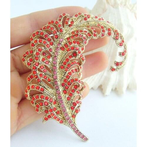 3 Inch Gold-tone Red Pink Rhinestone Crystal Feather Brooch Pin Pendant EE05065C5