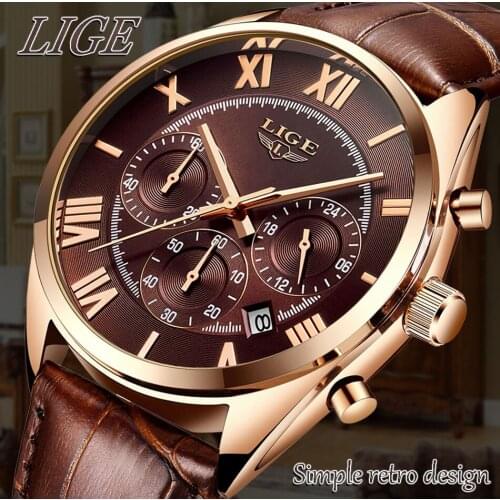 LIGE 9806 Simple Retro Men Quartz Big Dial Sports Chronograph Waterproof Business Casual Fashion Leather Wristwatch Clock Male