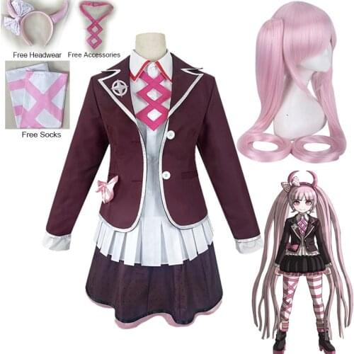 Costume Utsugi Kotoko Cosplay Wig and JK Uniform Danganronpa Another Episode Pink Long Hair Halloween Woman Party Clothes