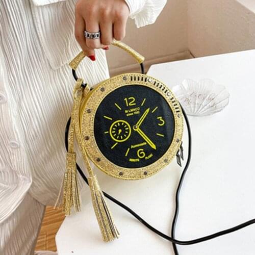 Personalized retro clock shape small bag 2021 fashion tassel shoulder messenger small round bag coin purse cosmetic storage bag