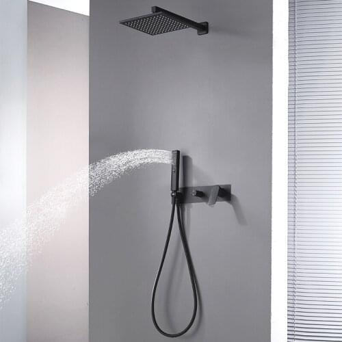 Matte Black Square Modern Brass Shower Faucet Wall Mount Bathroom Rain Shower Handshower Cold and Hot System Bathtub Shower Set