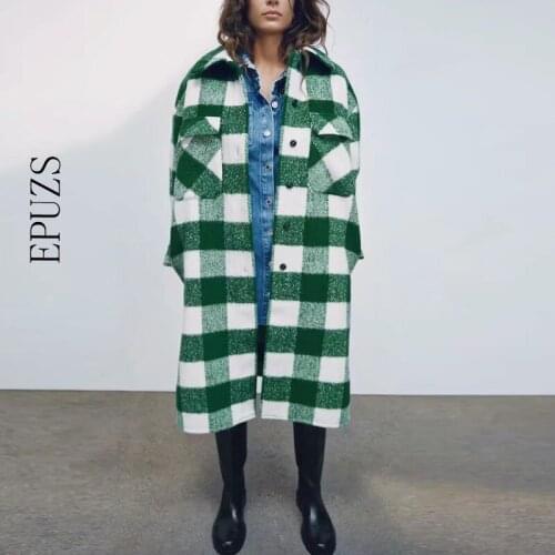 Fashion green plaid trench coat women long coat turn-down collar vintage plaid jacket female winter overcoat 2020