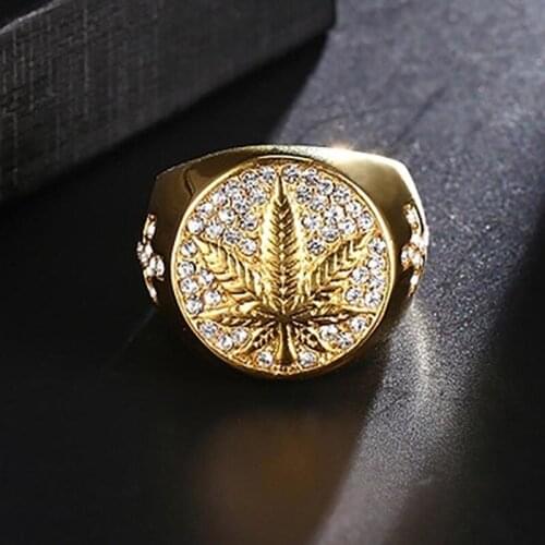 Popular European and American Trendy Maple Leaf Micro Inlaid Crystal Mens Rings Banquet Fashion Business Ring Jewelry