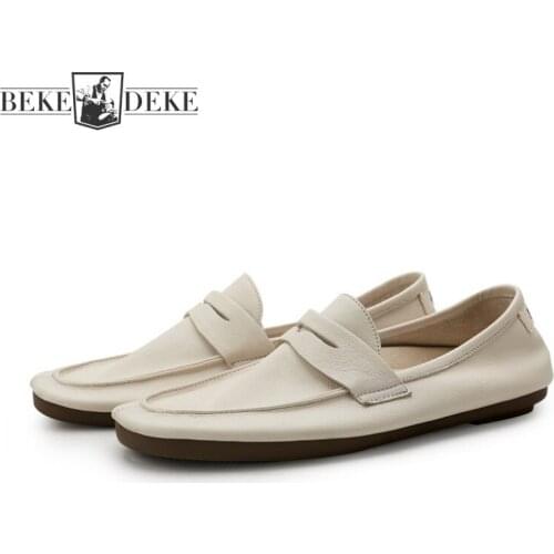 New Fashion Mens Comfortable Slip On Loafers Cowhide Genuine Leather Moccasin Gommino Soft Flats Business Man Work Driving Shoes