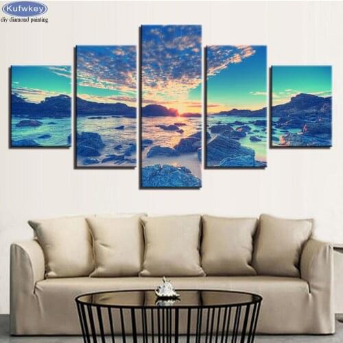 Full square Round Drill Diamond Painting 5 Piece Beach Wave Reef Stones Multi-picture Combination 5D DIY Embroidery Mosaic Decor