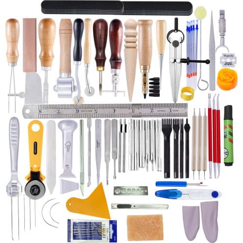 Leather Craft Punch Tools Set Kit Stitching Carving Working Sewing Saddle Groover Leather Crafts Tools Skiving Knife